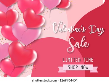 Typographic lettering, pink balloon hearts and confetti vector illustration. Sale banner design for Valentine's Day.