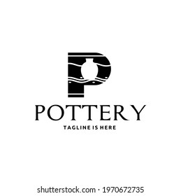 Typographic Logo Letter P Monogram Luxury Style with Pottery Lettering Icon Isolated on Black Background
