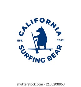 Typographic logo vector illustration of a bear on a surfboard, surf silhouette vector illustration. California