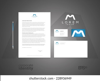 Typographic m symbol. Elegant minimal style corporate identity template. Letter envelope and business card design. Vector illustration.