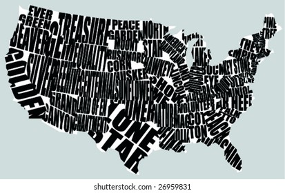 A typographic map displaying the nicknames of the contiguous states of the USA.