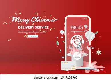 Typographic Merry Christmas of bonfire and fireworks art decorations in hat concept.Creative paper cut and craft for holiday winter season.Graphic smartphone online delivery service concept vector