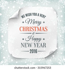 Typographic Merry Christmas and Happy New Year design on white realistic paper banner with snow and snowflakes. Vector illustration.