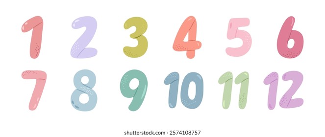 Typographic numbers and digits for posters and banners design. Vector in flat style, isolated set of learning and studying cards for kids. Baby months or year milestone celebration for birthday