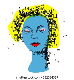 typographic portrait of young woman colored in pop art style