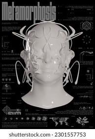 Typographic poster 3D human head and liquid elements with text "Metamorphosis". Abstract print for streetwear, print for t-shirts and sweatshirts on a black background