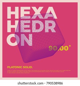 Typographic poster art with vector three-dimensional shape of polygonal hexahedron. Abstract geometry illustration artwork for web design, template form, banner, presentation, brochure, cover.