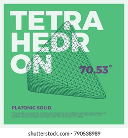 Typographic poster art with vector three-dimensional shape of polygonal tetrahedron. Abstract geometry illustration artwork for web design, template form, banner, presentation, brochure, cover.