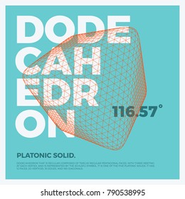 Typographic poster art with vector three-dimensional shape of polygonal dodecahedron. Abstract geometry illustration artwork for web design, template form, banner, presentation, brochure, cover.