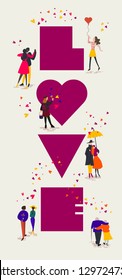 Typographic poster or card.Valentines Day concept.Love sign with tiny people in love painting walking cuddling  kissing and dancing. 