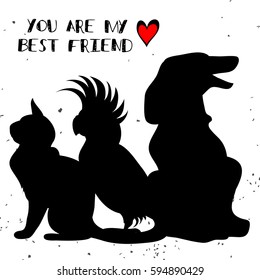 Typographic poster with Cat, Parrot and Dog silhouette.You are my best friend. Inspirational illustration with pet. Print forT-shirt, pet shop logo, label, decor elements and design products for pets