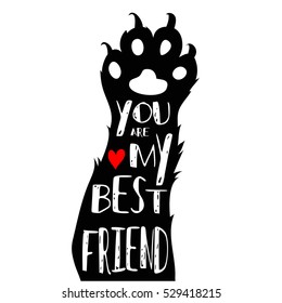 Afiche tipográfico con silueta de gato y frase "Eres mi mejor amigo". Carteles inspiradores con mascota. Imprimir para camisetas, logotipo de tienda de mascotas, etiqueta, elementos decorativos y productos de diseño para mascotas