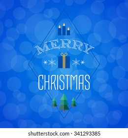 Typographic poster with congratulations on Christmas. Christmas card with holiday icons. Merry Christmas! Christmas design for cards and party invitations on blue background with bokeh.