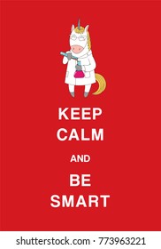 Typographic poster with a cute hand drawn funny cartoon dragon in glasses and sweatshirt, holding a comic book, text Keep calm and be smart. Isolated objects. Design concept for children, geek culture