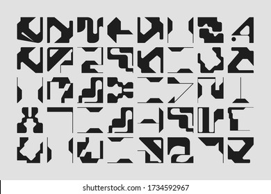 Typographic poster design composition with abstract geometric letters composition. Swiss art inspired vector graphic template made with simple linear typography and minimalist shapes and forms.