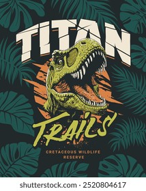 Typographic poster design with roaring dinosaur. High contrast, edgy and bold design template for a dino park, museum or paleontological reserve. Perfect for prints, advertising and social media. 