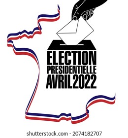 Typographic poster on the theme of voting in the French presidential election of April 2022 with a symbolic black composition in the center of a blue, white, red flag in the shape of France. 