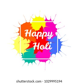 Typographic poster with quote Happy Holi on a background of colorful paint splashes. Isolated objects on white. Vector illustration. Design concept for festival of colors, party, celebration.