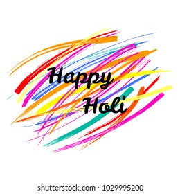 Typographic poster with quote Happy Holi on a background of colorful brush strokes. Isolated objects on white. Vector illustration. Design concept for festival of colors, party, celebration.