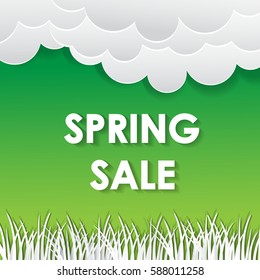 Typographic Poster. Spring Sale Banner design on green background with clouds and grass. Vector Cutting paper style.