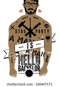 Typographic poster for stag party "Hello Bachelor!" with tattooed body of a man. Vector illustration.