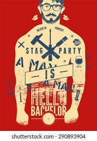 Typographic poster for stag party "Hello Bachelor!" with tattooed body of a man. Vector illustration.