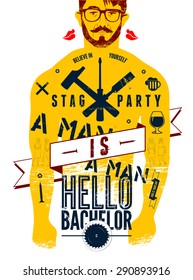 Typographic poster for stag party "Hello Bachelor!" with tattooed body of a man. Vector illustration.