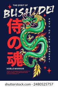 Diseño de impresión tipográfica con dragón de tatuaje tradicional japonés.  Streetwear, póster, pegatina, gráfico de Vector. Glifos japoneses: Alma del Samurai.