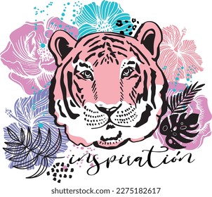 typographic print with tiger and flowers and slogan- INSPIRATION for t shirt printing, tee graphic design.
