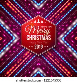 Typographic red hexagonal Merry Christmas and Happy New Year 2019 label on purple background patterned with colored, vivid glaring neon lights. Vector illustration.