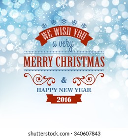 Typographic Retro Christmas Design on the winter snowflakes background
