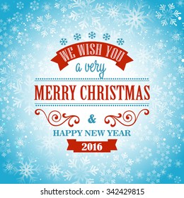 Typographic Retro Christmas Design on the winter snowflakes background
