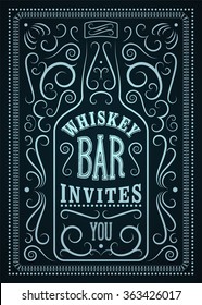Typographic retro design Whiskey Bar poster. Vintage label with stylized whiskey bottle. Vector illustration.