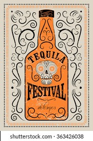 Typographic Retro Grunge Design Tequila Festival Poster. Tequila Bottle With Stylized Mexican Skull. Vector Illustration.