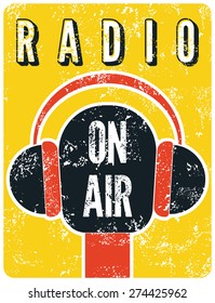 Typographic retro grunge radio station poster. Microphone "On air". Vector illustration.