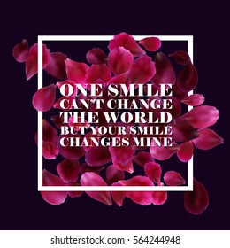 Typographic romantic background with red, pink rose petals, quote. Vector design for greeting card, poster, flyer, home decor.