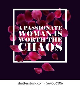 Typographic romantic background with red, pink rose petals, quote. Vector design for greeting card, poster, flyer, home decor.
