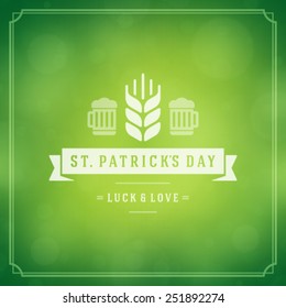 Typographic Saint Patrick's Day Retro Background. Vintage Vector design greetings card or poster. Bokeh blurred green lights backdrop.