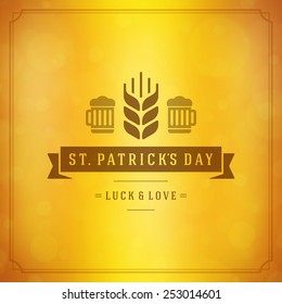 Typographic Saint Patrick's Day Retro Background. Vintage Vector design greetings card or poster. Blurred beer and bokeh lights backdrop.