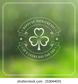 Typographic Saint Patrick's Day Retro Background. Vintage Vector design greetings card or poster. Bokeh blurred green lights backdrop.