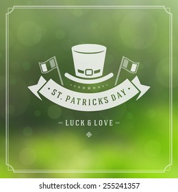 Typographic Saint Patrick's Day Retro Background. Vintage Vector design greetings card or poster. Bokeh blurred green lights backdrop.