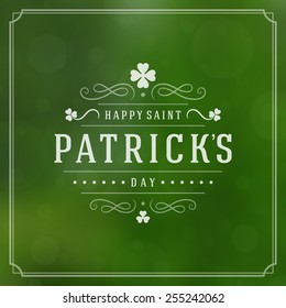Typographic Saint Patrick's Day Retro Background. Vintage Vector design greetings card or poster. Bokeh blurred green lights backdrop.