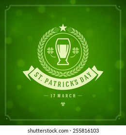 Typographic Saint Patrick's Day Retro Background. Vintage Vector design greetings card or poster. Bokeh blurred green lights backdrop.