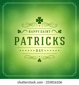 Typographic Saint Patrick's Day Retro Background. Vintage Vector design greetings card or poster. Bokeh blurred green lights backdrop.