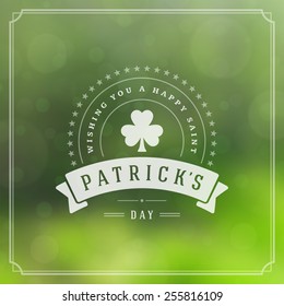 Typographic Saint Patrick's Day Retro Background. Vintage Vector design greetings card or poster. Bokeh blurred green lights backdrop.