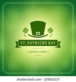 Typographic Saint Patrick's Day Retro Background. Vintage Vector design greetings card or poster. Bokeh blurred green lights backdrop.