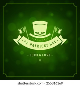 Typographic Saint Patrick's Day Retro Background. Vintage Vector design greetings card or poster. Bokeh blurred green lights backdrop.