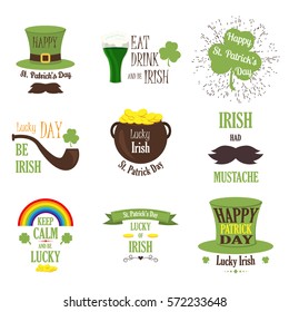 Typographic Saint Patrick's Day Retro Badges. Vintage Vector design elements, labels, t-shirts, posters, greetings cards and irish traditional st patricks day holiday logo. Patrick's Day irish logo.