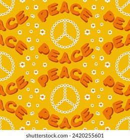 Patrón tipográfico sin fisuras con flores. Word Peace en estilo retro groovy. Letras planas dibujadas a mano y flores en formas de señas hippie. Diseño de impresión a la moda para textiles, papel pintado, envoltura
