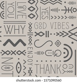 Typographic seamless pattern made of thin line letters and geometric symbols.